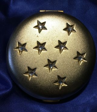Vintage Gold Tone Double Sided Mirror Compact With Stars & Rhinestones 2.  5”
