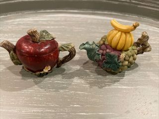 2 Miniature Teapots Collectibles Decorative Apple Bananas/grapes Adorable