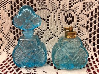 2 Vintage Perfume Bottles Ice Blue Glass Art Deco