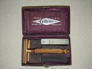 Vintage Gillette Travel Safety Razor Kit With Case - Gold