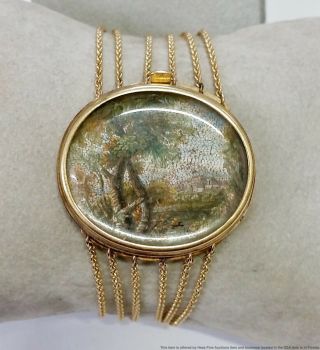 Very Rare Victorian Micro Mosaic Greece Greek Landscape Ruins 14k Gold Bracelet