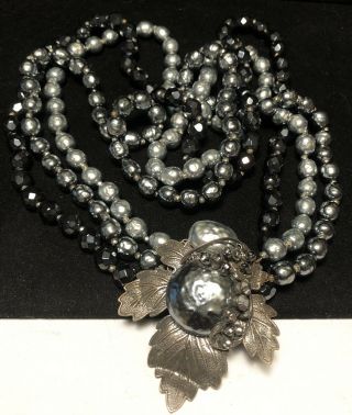 Miriam Haskell Necklace Rare Vintage Signed Gray Pearl Black Glass Bead A35