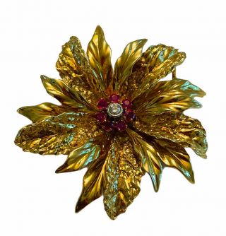 Tiffany & Co Italy 18k Yellow Gold Small Cut Diamond & Ruby Flower Brooch Pin