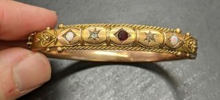 Vintage 9 Kt Yellow Gold Opal,  Garnet & Diamond Hinged Bangle With Safety Chain