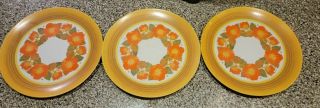 Vintage Set Of 3 Orange & Yellow Floral Melamine? Plates,  Unbranded