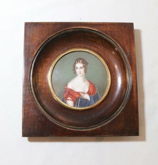 Antique 1800s Portrait Victorian Pauline Bonaparte Miniature Painting Wood Frame