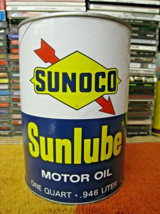 Vintage Sunoco Sunlube Motor Oil 1 Quart Composite Can Empty Sun Oil Company Old