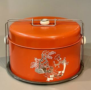 Vintage Red Metal Cake Taker Safe Or Cookie Carrier Chef & Scottie