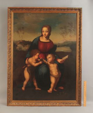 Lg 19thc Antique Old Master Oil Painting,  Madonna Of The Goldfinch Aft R.  Sanzio