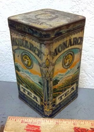 Vintage Monarch Orange Pekoe green tea tin,  Reid Murdoch & co,  5.  5 x 3 in,  rough 2