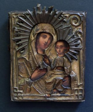 Antique Russian Orthodox Brass Oklad Icon Virgin Mary Jesus Christ Old Religious