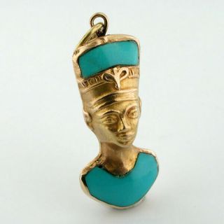 18k Gold Nefertiti Egyptian Sun Queen Turquoise Vintage Charm Pendant