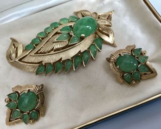 Rare Crown Trifari Signed Jade Gripoix Jewel Of India Brooch And Earrings