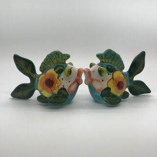 Blue Sky Clayworks Ceramic Kissing Floral Fish Salt And Pepper Shaker Set