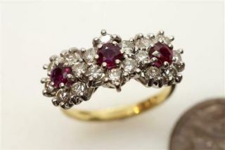 Pretty Vintage English 18k Gold Ruby & Diamond Cluster Ring C1960 