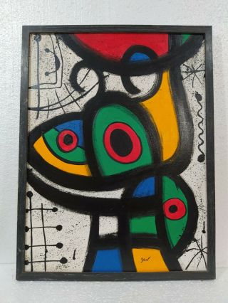 Joan Miro Painting Oil On Canvas With Frame In Golden Leaf