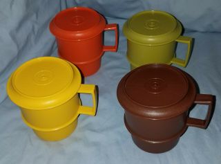 Vintage Tupperware Stackable Coffee Mugs Cups Set Of 4 With Lids - Harvest Colors