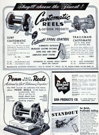 1948 Penn Reels,  Castomatic Reels Print Ad Old Fishing Reels