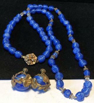 Miriam Haskell Necklace Earrings Rare Vintage Signed Gilt Bllue R/s Glass Set
