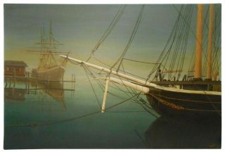 Mid - 20th C American Vint O/c Pr Of Tall Ships At Anchor In Harbor,  Signed C.  A.  R.