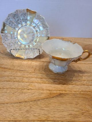 Vintage Tea Cup And Saucer By Marco Pedestal Footed,  White Yellow & Gold