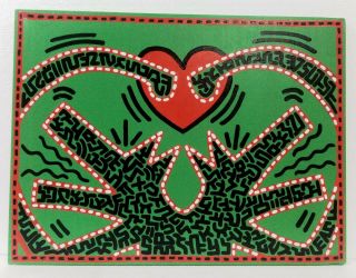 Acrylic On Canvas By Keith Haring Signed Dated 1985 Painting Good
