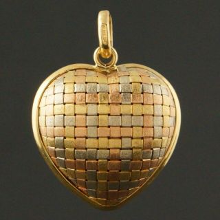 Italian Multi - Tone Solid 18k Gold Woven Puff Heart Charm,  Two Sided Pendant