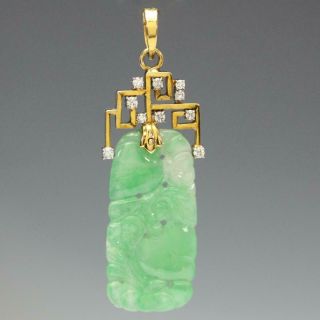Vintage Estate Chinese Carved Jade & Diamond 14k Yellow Gold Necklace Pendant