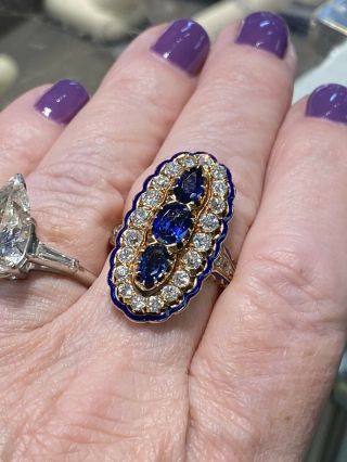 Estate Sapphire Miners Diamond Ring With Enamel