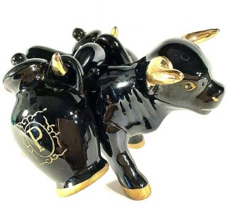Red Ware Bull Salt & Pepper Shakers Hand Decorated Vintage Pottery Black Gold