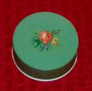 Vintage 2 1/2 " Enameled Green Metal Round Pill Box With Rose Floral Decal