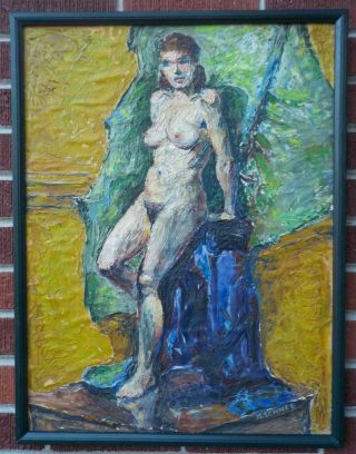 Vintage Modernist Nude Woman Figure Heavy Impasto Oil Painting 1940s
