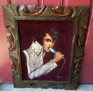 Vintage Elvis Presley Large Oil Painting Velvet 26” X 22” Wood Framed Signed