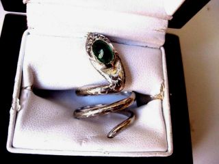 Vintage 18k White Gold Ring " Snake " With Natural Emerald & Diamonds