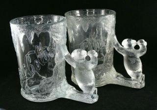 1997 Coca Cola Mugs Frosted Clear With Polar Bear Handle Pressed Molded Glass