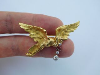 French Art Nouveau 18k Gold Diamonds Platinum Great Egret Bird Pendant Brooch