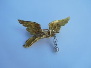 French Art Nouveau 18K Gold Diamonds Platinum Great Egret Bird Pendant Brooch 2