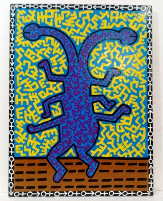 Acrylic On Canvas By Keith Haring Signed Dated 1983 Painting Good