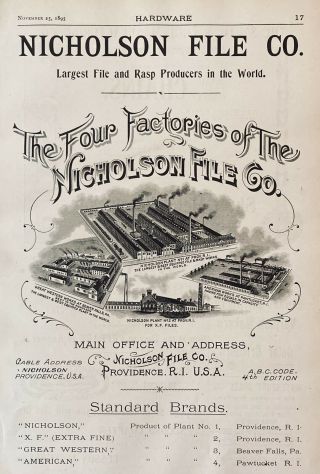 1895 Ad (xh12) Nicholson File Co.  Prov. ,  Ri.  Largest File Rasp In The World