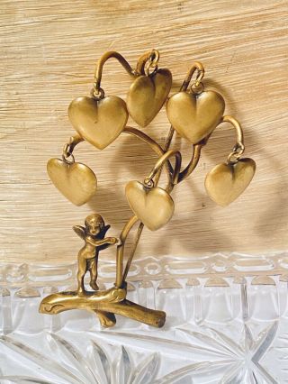 Vtg Designer Joseff Of Hollywood Signed Pin Brooch Gold Cherub Cupid Heart Tree