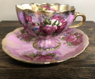 Royal Halsey Very Fine China Rose On Pink Gold Trim Tea Cup & Saucer