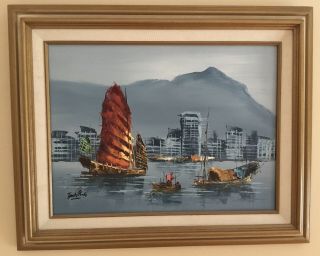 Tang Ping Oil Painting Signed Chinese Junks Boats Seascape