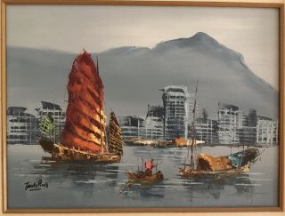 Tang Ping Oil Painting Signed Chinese Junks Boats Seascape 3