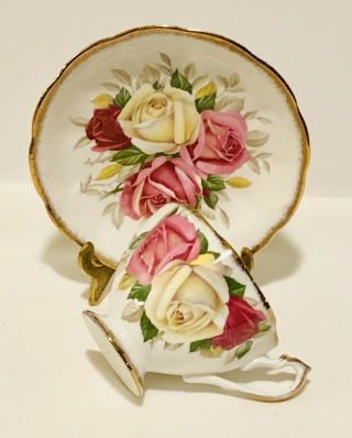 Queen Anne Lady Sylvia Cup And Saucer Set Three Large Roses; Teacup
