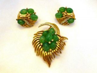 Vtg Crown Trifari Jewels Of India Faux Jade & Rhinestone Moghul Brooch &earrings