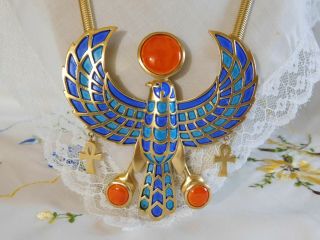 Vintage Trifari Enamel Falcon Horus Egyptian Pendant Pin Necklace Statement