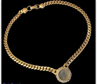 Vintage Signed Kenneth Jay Lane Roman Ancient Coin Gold Tone Cuban Link Necklace