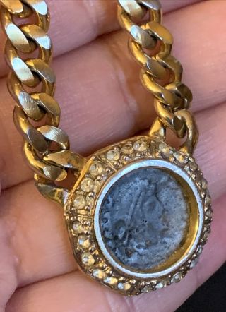 Vintage Signed Kenneth Jay Lane ROMAN Ancient Coin Gold Tone Cuban Link Necklace 4