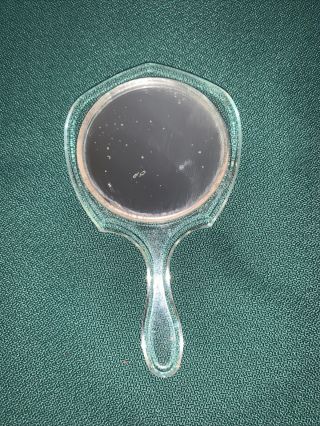 Vintage Hand Held Magnifying Beveled Mirror Clear Lucite 4.  5 " X 2.  75 "