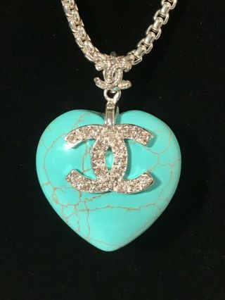 Chanel Blue Turquoise Stone Heart Pendant Necklace
